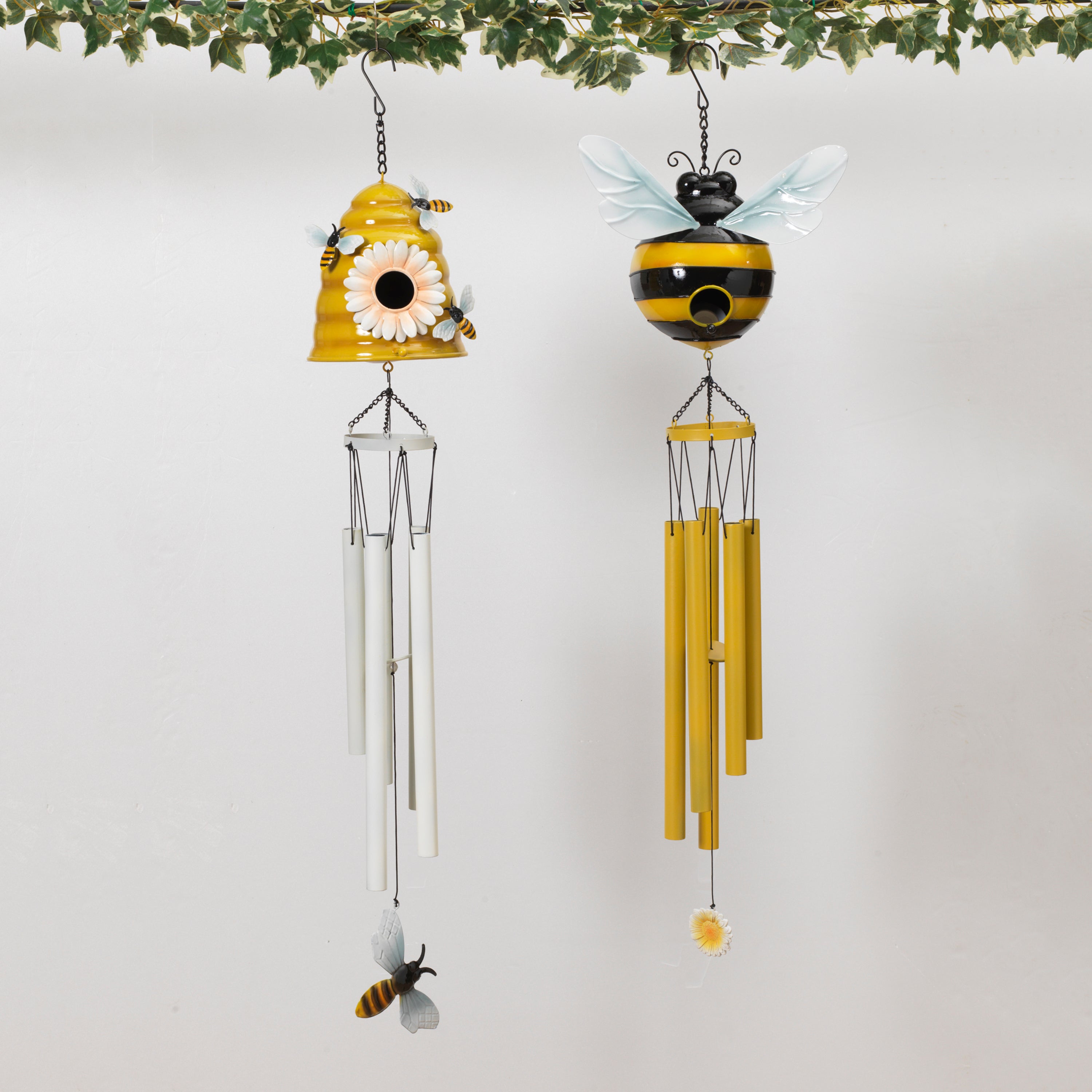 32.4 Inch Whimsical Metal Bee and Beehive Birdhouse Wind Chimes Set of 2